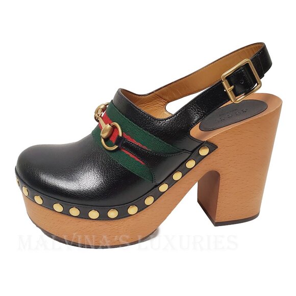 GUCCI SHOES HORSEBIT WEB BLACK LEATHER PLATFORM CLOGS w STUDS sz 39.5 9.5 - Picture 6 of 15